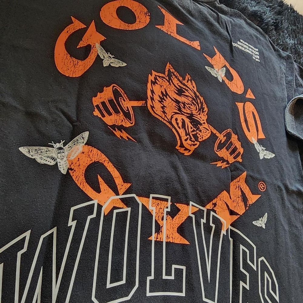 Black Graphic 'Wolves' Tee with Orange Wolf Design